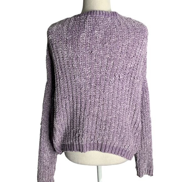 Love at First Sight Chenille Knit Sweater L Purple Dropped Shoulder Ruffle - Picture 4 of 6